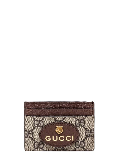 Gucci Gg Supreme Feline Head Cardholder In Neutrals