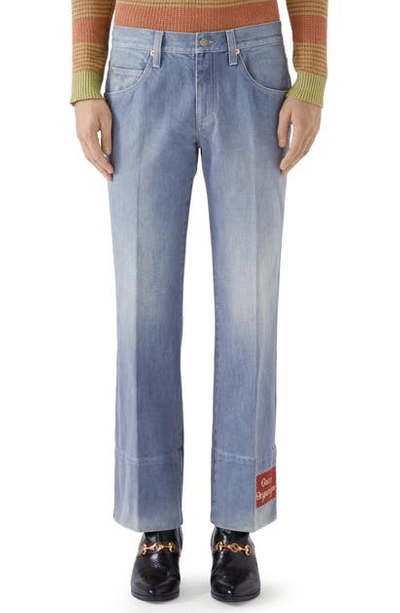 Gucci Orgasmique Label Straight Leg Jeans In Light Blue/mix