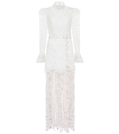 Zimmermann Wavelength Fringed Lace-silk Gown In White