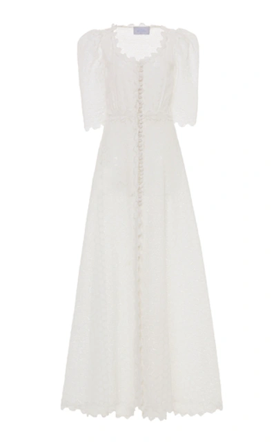 Luisa Beccaria Button-up Linen Eyelet Lace Long Dress In White