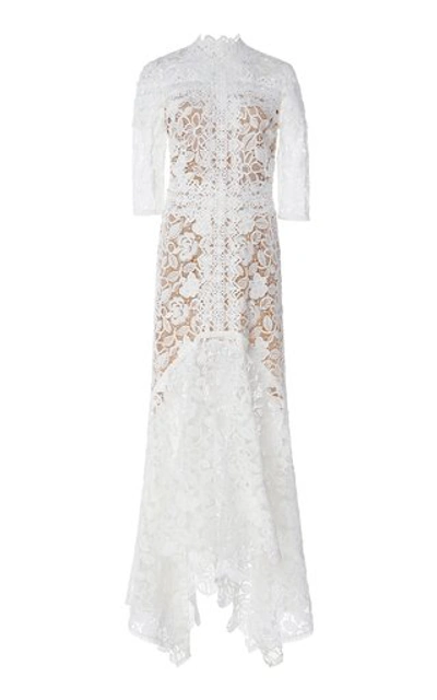 Costarellos Mock-neck Guipure Lace Handkerchief Dress In White