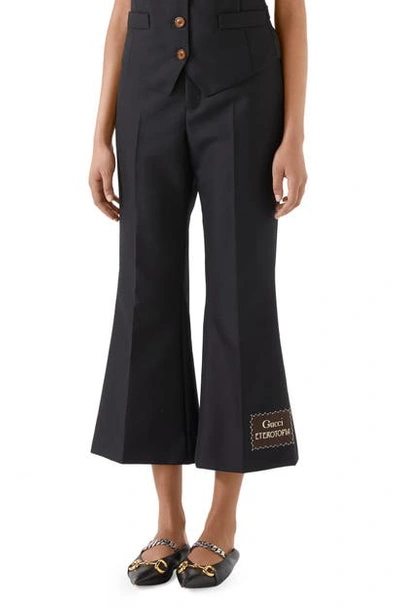 Gucci Eterotopia Label Wool & Mohair Crop Flare Pants In Black