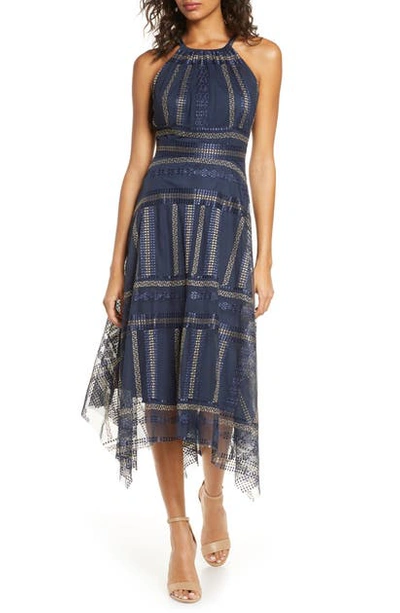 Vince Camuto Embroidered Mesh Halter Midi Dress In Navy/ Multi