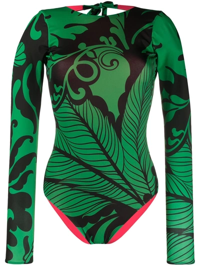 La Doublej Two-tone Printed Surf Swimsuit In Green