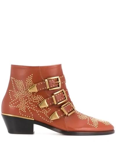 Chloé Susanna Low Heels Ankle Boots In Orange Leather In Brown