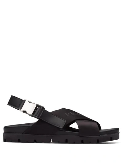 Prada Leather And Woven Tape Sandals In Black