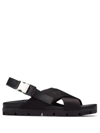 Prada Leather And Canvas Sandals In Black
