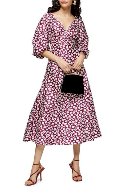 Topshop Daisy Print Puff Midi Dress In Red Multi | ModeSens