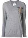 MOSCHINO EMBROIDERED TEDDY BEAR V-NECK JUMPER