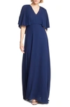 HALSTON HERITAGE PLEATED CAPE SLEEVE GEORGETTE GOWN,3012266