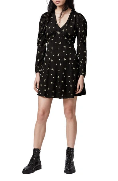 Allsaints Rosi Embroidered Floral Long Sleeve Minidress In Black