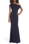 Katie May Hannah Off The Shoulder Crepe Trumpet Gown In Navy