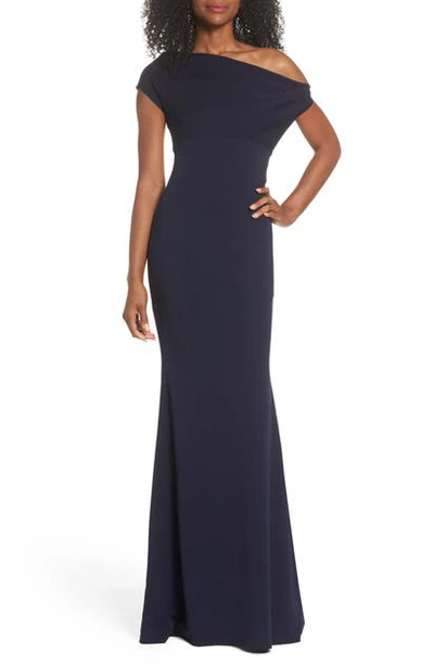 Katie May Hannah Off The Shoulder Crepe Trumpet Gown In Navy