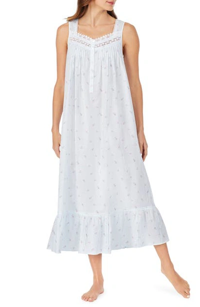 Eileen West Cotton Floral Lattice-lace Nightgown In White Ground With Floral Toss