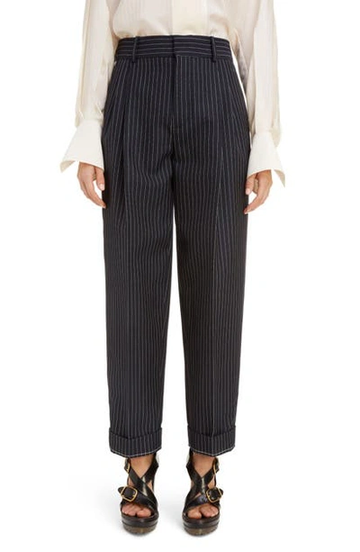 Chloé Pleated Pinstripe Ankle Pants In Ink Navy