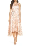 Eliza J Embroidered High-low Illusion Gown In Peach