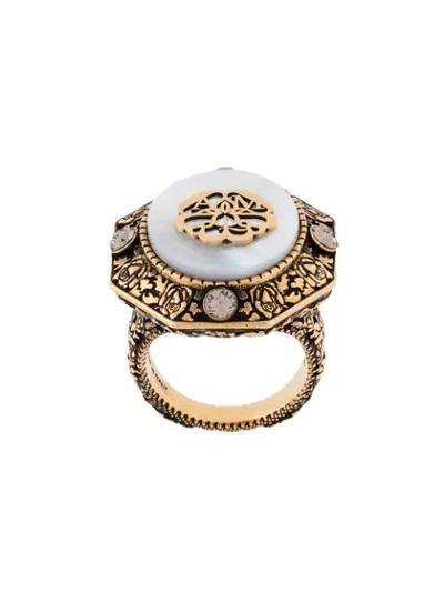 Alexander Mcqueen Signature Jewelled Cocktail Ring In Antique Gold