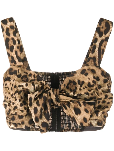 Dolce & Gabbana Bow Front Leopard Printed Top In Neutrals