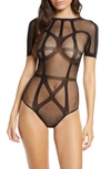 Hauty Strappy Fishnet Bodysuit In Black