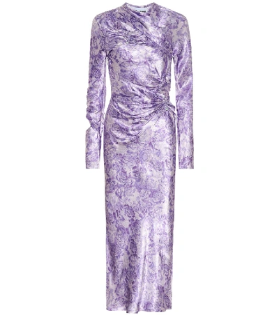 Ganni Embellished Gathered Cutout Satin Midi Dress In Purple
