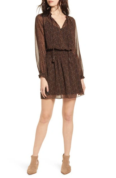 Socialite Long Sleeve Smocked Waist Chiffon Minidress In Brown Geo