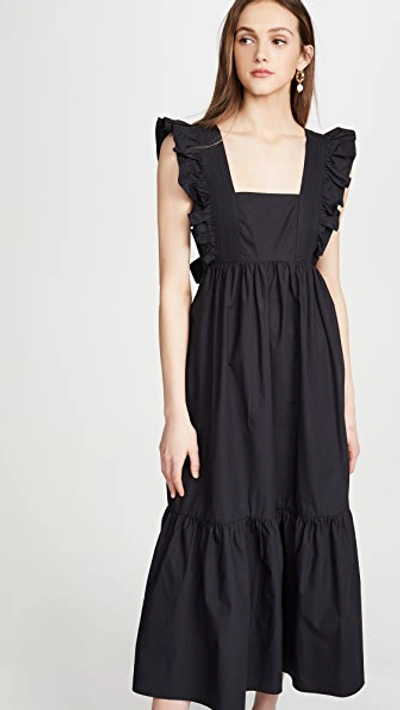 Self-portrait Ruffled Cotton Poplin Midi Dress In Black