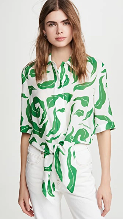 Off-white Leaves Illusion Printed Crepe De Chine Shirt In White/green