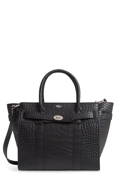 Mulberry Small Bayswater Croc Embossed Calfskin Leather Satchel In Black