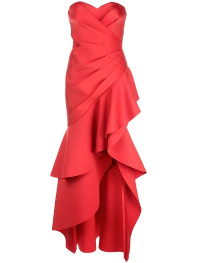 Badgley Mischka Strapless Ruffled Scuba Gown In Bright Siam