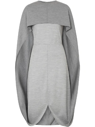 Burberry 披肩细节功能性羊毛平织直筒连衣裙 In Gray