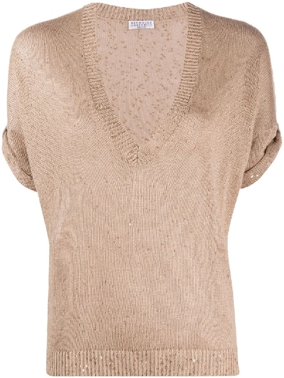 Brunello Cucinelli Sequin-embellished Knitted Top In Nude