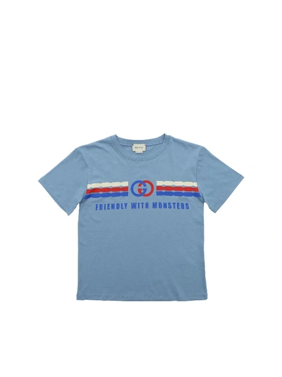 Gucci Kids' Friendly With Monsters T-shirt In Light Blue