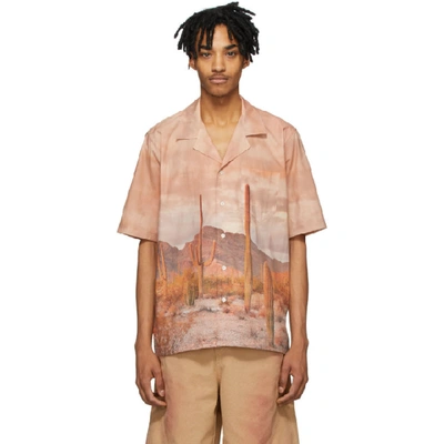 Rhude Cactus Print Rayon Bowling Shirt In Orange,beige,brown