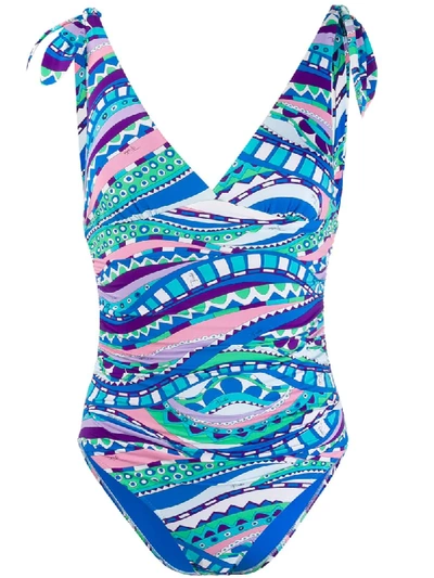 Emilio Pucci Graphic-print Ruched Swimsuit In Blue
