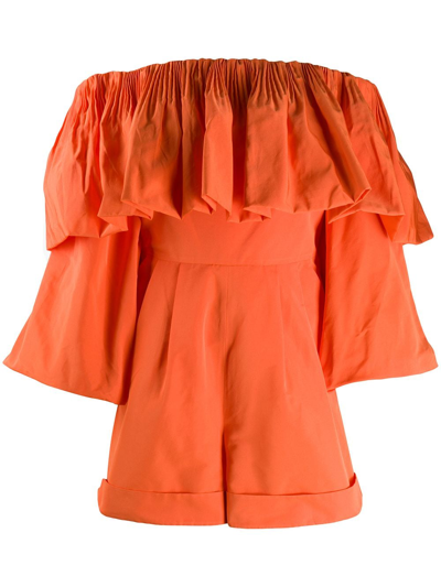 Valentino Ruffled Faille Off-the-shoulder Jumpsuit In Orange