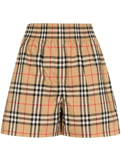Burberry Vintage Check Stretch Cotton Shorts In Brown