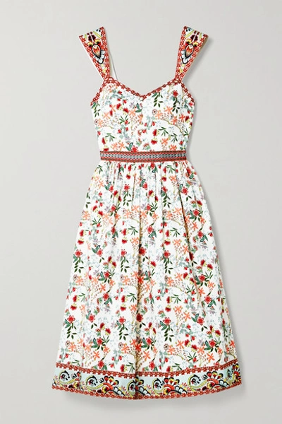 Alice And Olivia Portia Floral Sweetheart Neck Stretch Cotton Midi Dress In Blue Bell/soft White