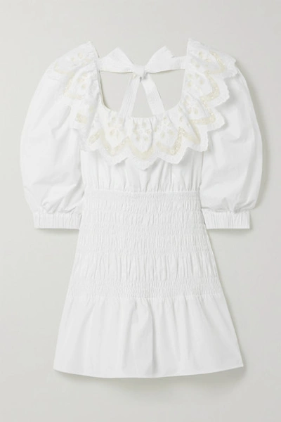 Self-portrait Shirred Broderie Anglaise Cotton-poplin Mini Dress In White