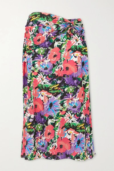 Art Dealer Olivia Gathered Floral-print Silk-blend Midi Skirt In Purple