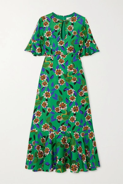 Borgo De Nor Vivian Ruffled Floral-print Silk-twill Midi Dress In Green