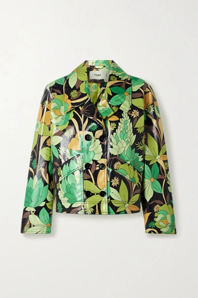 Fendi Double-breasted Floral-print Coated Cotton-twill Jacket In Brown,green,grey