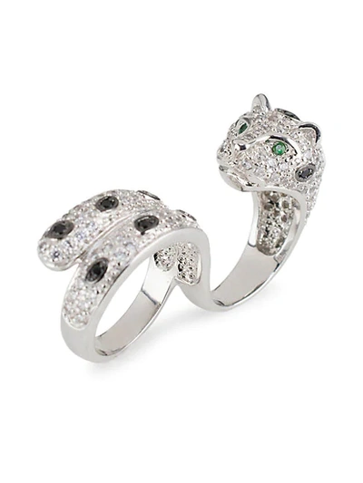 Cz By Kenneth Jay Lane Silvertone & Cubic Zirconia Panther Double-finger Ring
