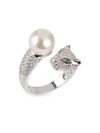 CZ BY KENNETH JAY LANE LOOK OF REAL SILVERTONE, GLASS PEARL & CUBIC ZIRCONIA PANTHER WRAP RING,0400011508865