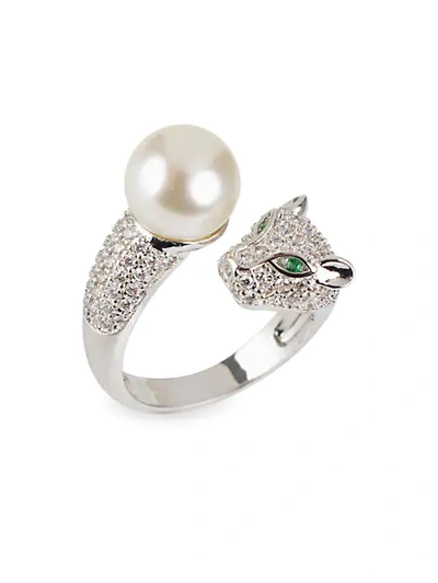 Cz By Kenneth Jay Lane Look Of Real Silvertone, Glass Pearl & Cubic Zirconia Panther Wrap Ring