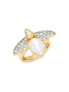 KENNETH JAY LANE GOLDTONE, FAUX PEARL & CRYSTAL BEE RING,0400012179898
