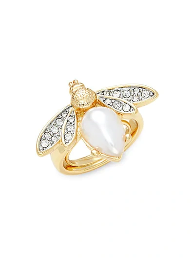 Kenneth Jay Lane Goldtone, Faux Pearl & Crystal Bee Ring