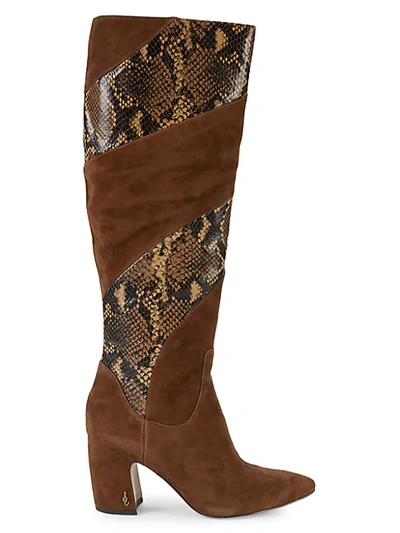 Sam Edelman Hai Snake-print Leather & Suede Tall Boots In Brown