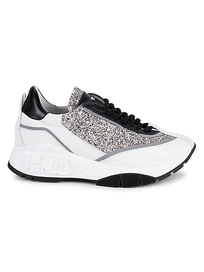 Jimmy Choo Raine Glittered And Smooth Leather Trainers In White,gold,black