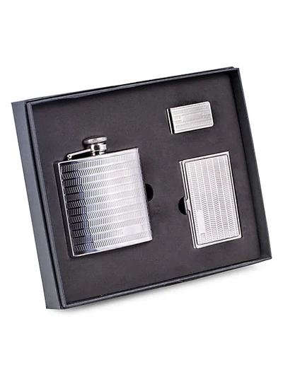 Bey-berk 3-piece Stainless Steel Flask, Card Case & Money Clip Set In Silver