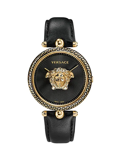 Versace Palazzo Empire Leather Strap Watch, 39mm In Black/ Gold